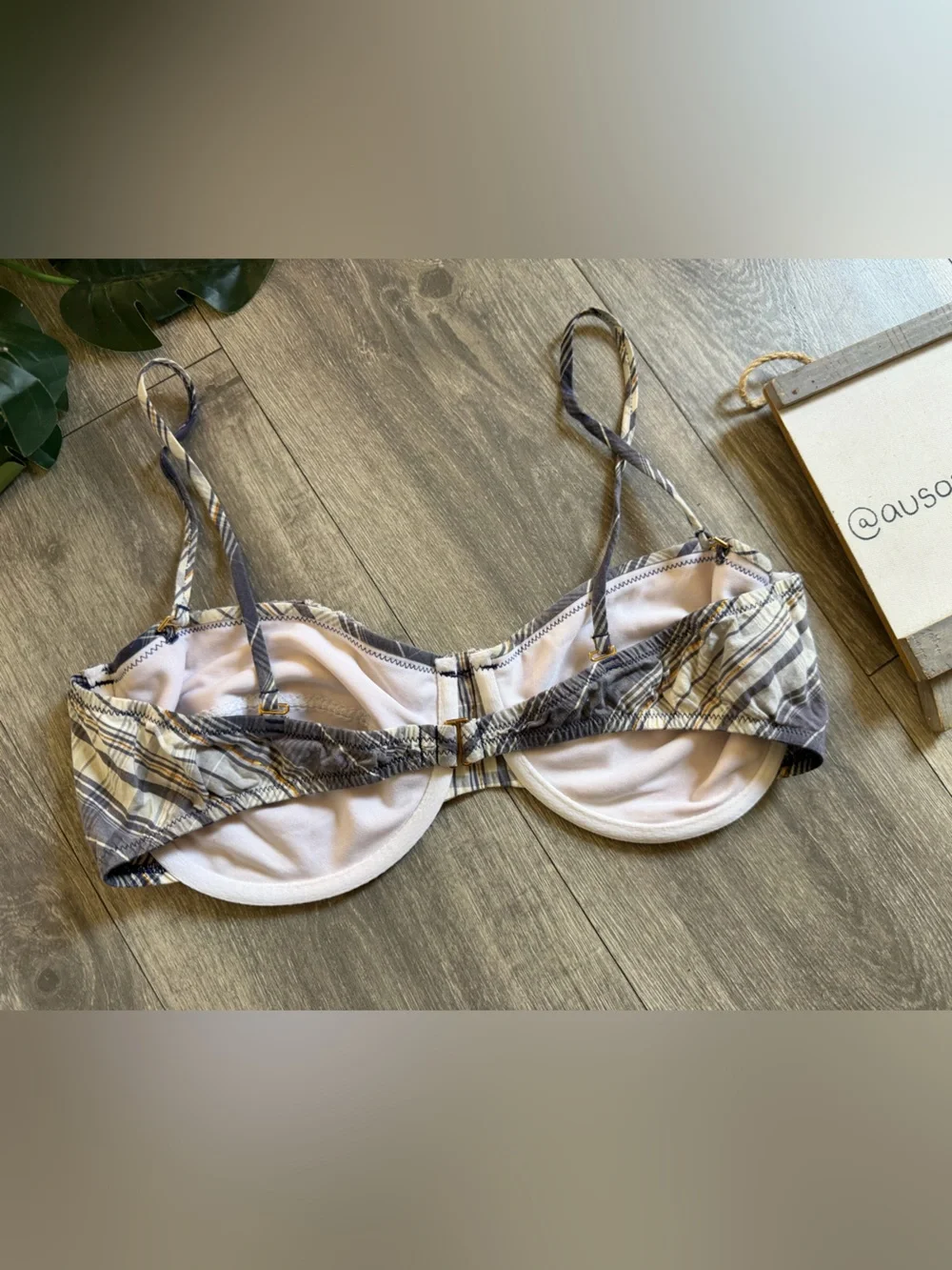 J Crew 100% Cotton Plaid Underwire Balconette Bra in Blue and Cream. Size 14